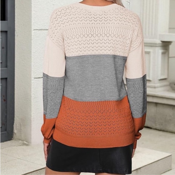 Zeagoo tri color knit v neck sweater in cream, gray and orange size 2x NWT - Picture 2 of 4